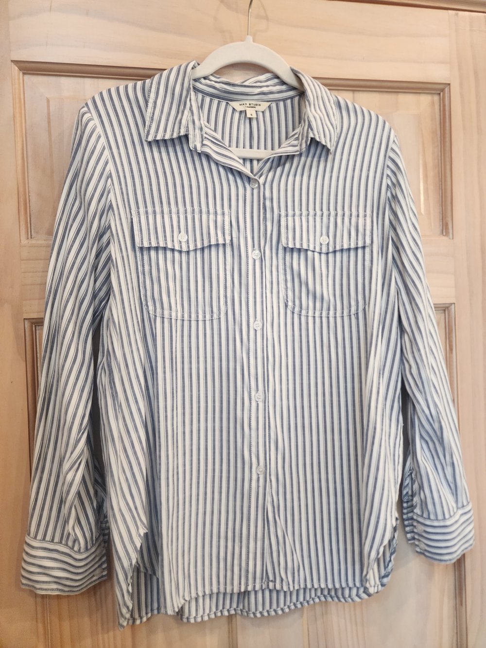 Max Studio Navy and White Striped Button Front Shirt